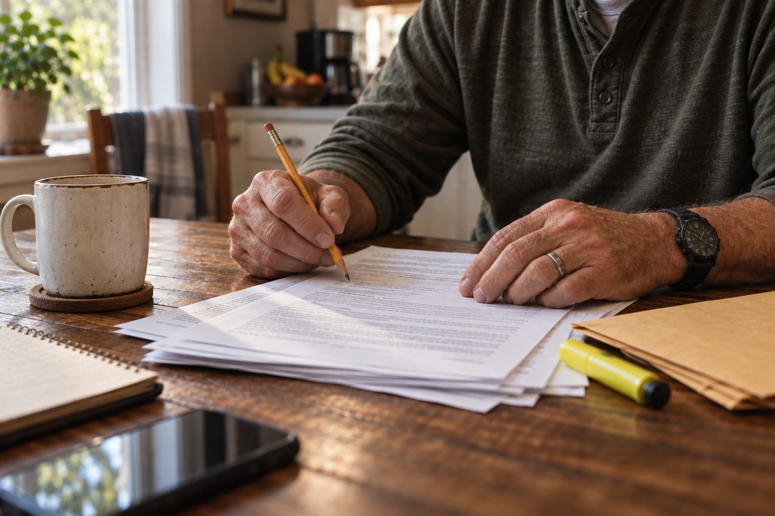 Veteran at a kitchen table working through VA claim paperwork with a pencil and highlighter